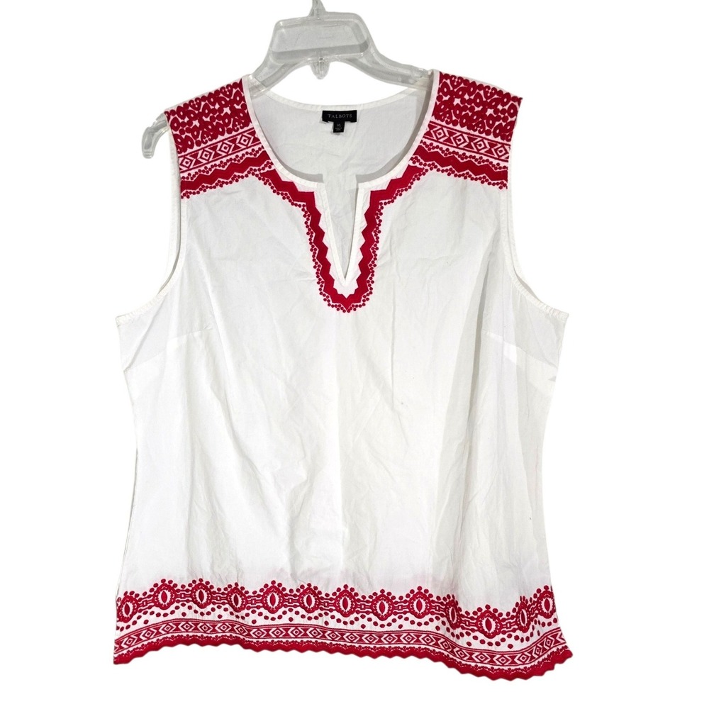 Talbots Womens XL White Red Embroidered Sleeveless V-Neck Cotton Tunic‎ Top New